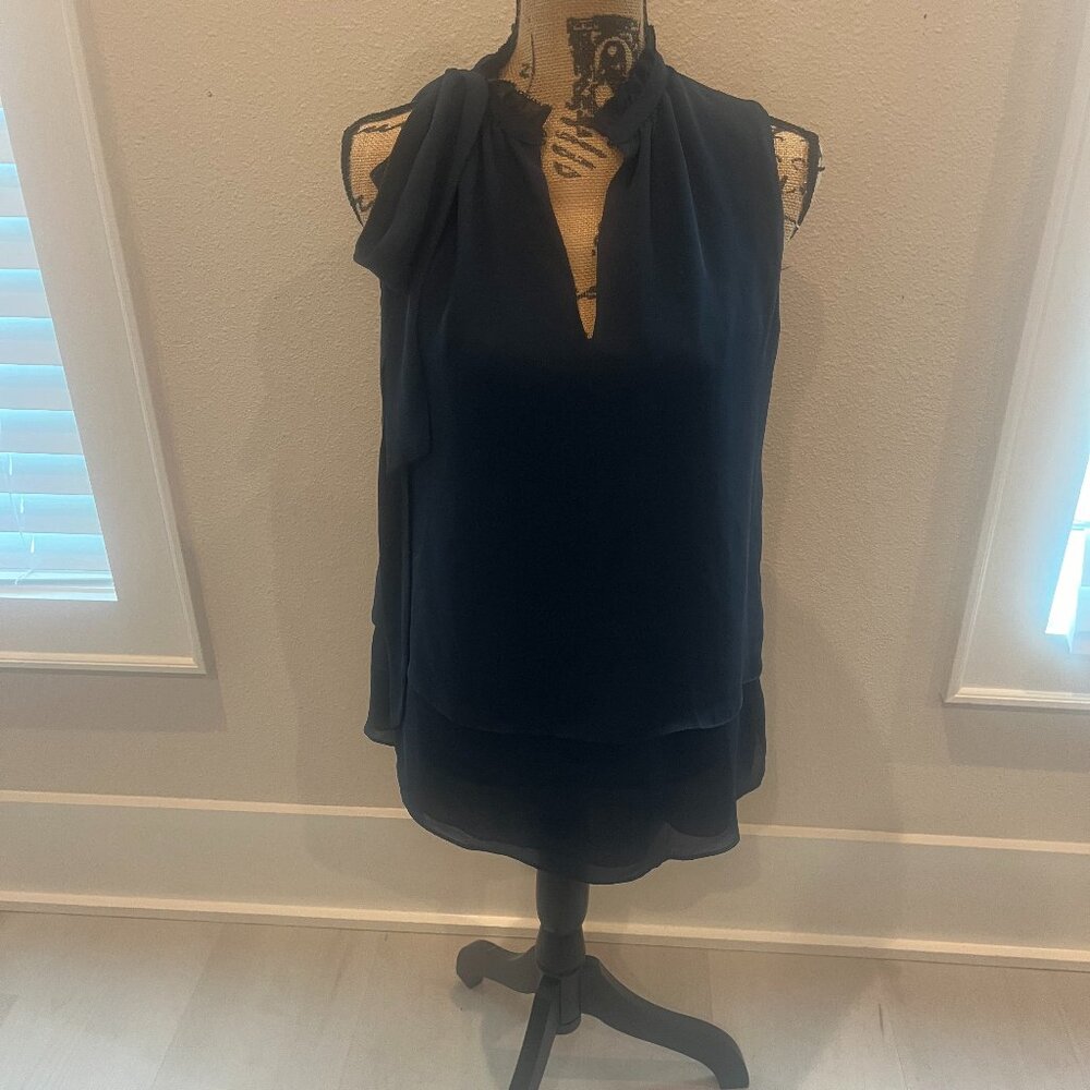Ruched Neck Navy Sleeveless Blouse - White House Black Market